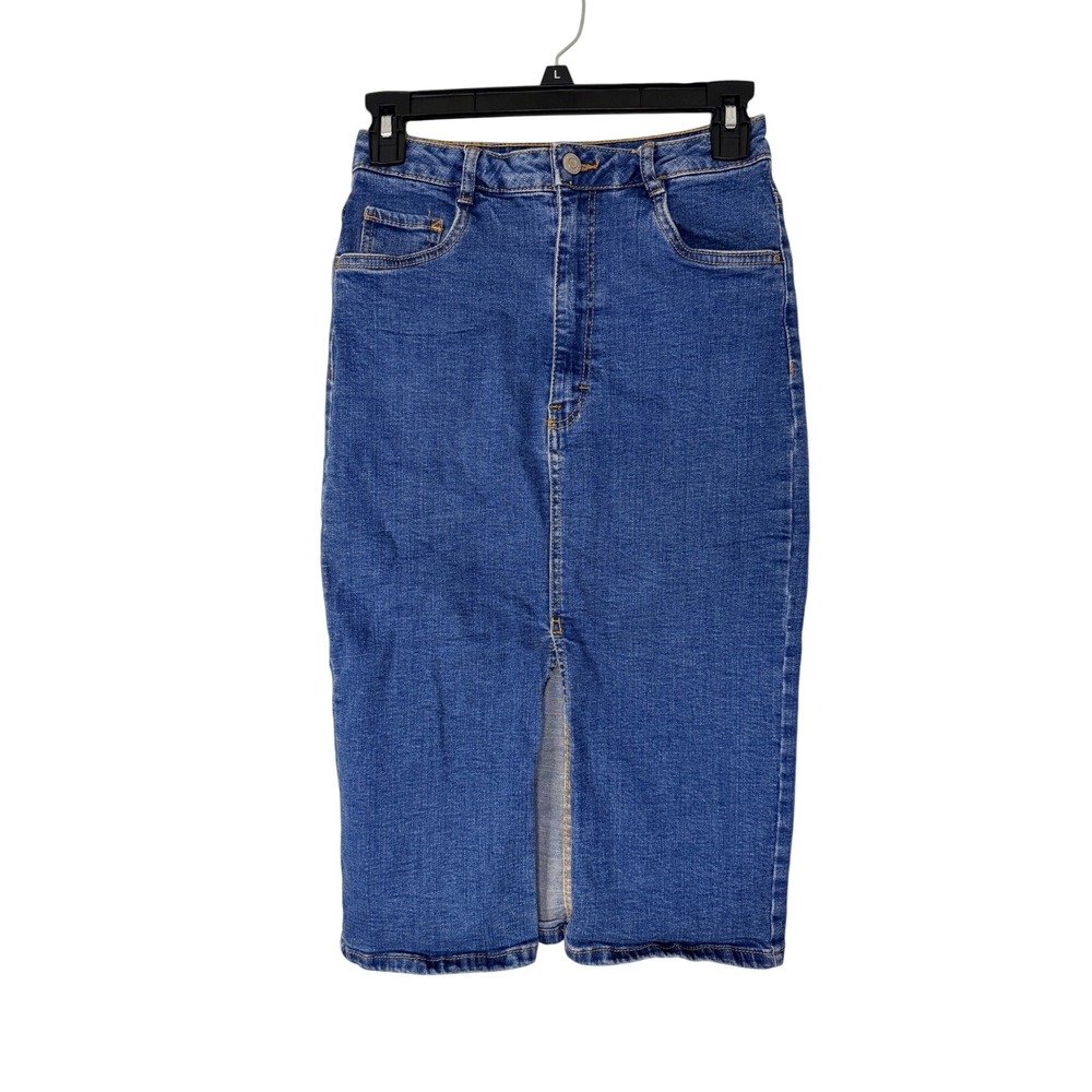 Zara Denim Jean Skirt High Waisted Midi Pencil Skirt Front Slit Size S 90s